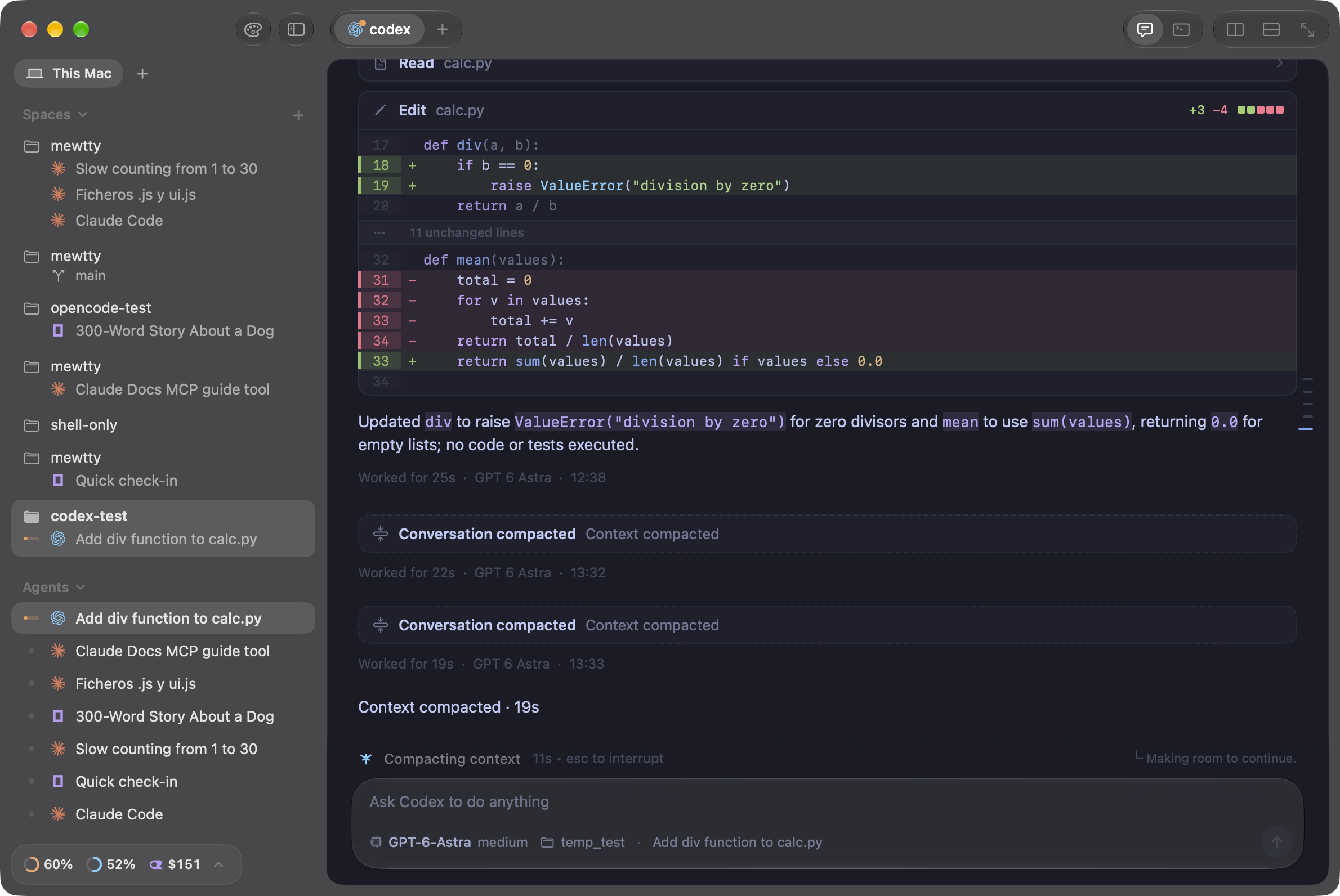 The same running workspace in Goatty's native mode, with spaces, agents, a highlighted diff and the native Codex composer